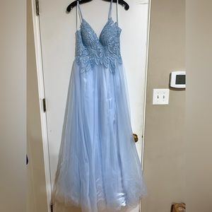 Light blue prom gown; sheer back; tulle skirt with slit; bejeweled bodice